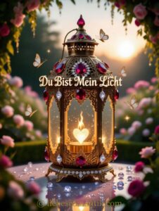 Goldene Laterne mit Herzlicht, umgeben von Rosen und Schmetterlingen bei Sonnenuntergang.