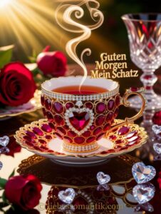 Opulente Teetasse mit Edelsteinen, Rosen und Herz-Diamanten. Dampf bildet Schriftzug „Guten Morgen Mein Schatz“.