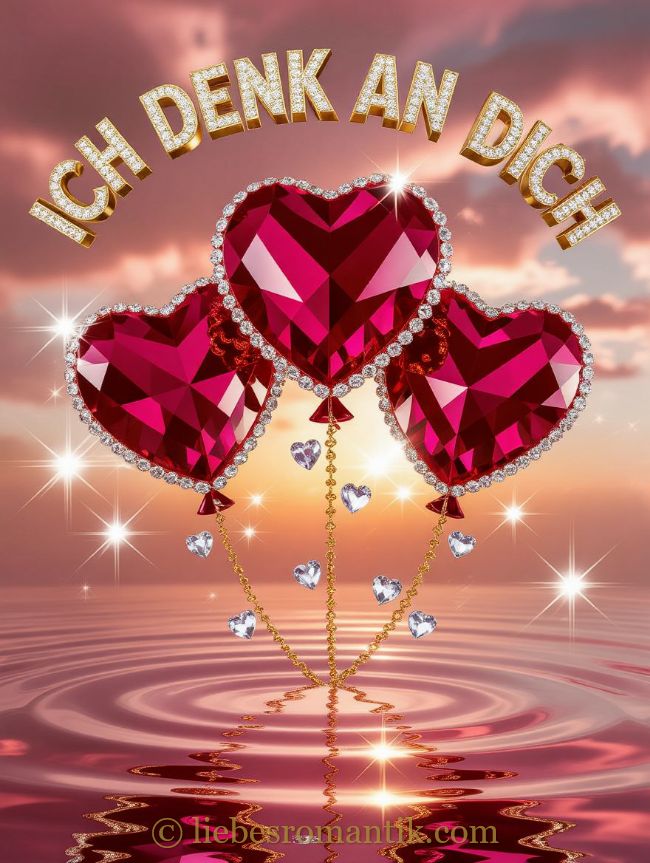 Drei glitzernde Herzballons schweben über Wasser unter rosafarbenem Himmel. Aufschrift: „ICH DENK AN DICH“.