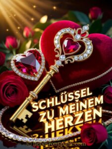 Goldener Schlüssel mit Rubin- und Diamantherz vor rotem Samt-Herz, umgeben von Rosen und Lichtstrahlen.