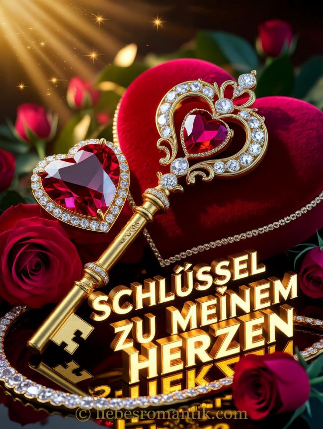 Goldener Schlüssel mit Rubin- und Diamantherz vor rotem Samt-Herz, umgeben von Rosen und Lichtstrahlen.