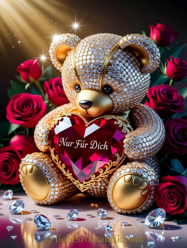 Goldener Teddybär mit Diamanten hält ein Kristallherz mit „Nur Für Dich“. Umgeben von roten Rosen und glitzernden Steinen.