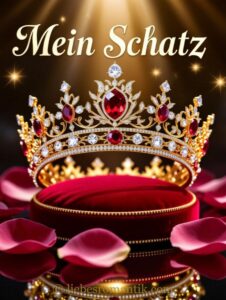 Goldene Krone mit roten Steinen auf rotem Samtkissen, umgeben von rosa Rosenblättern.