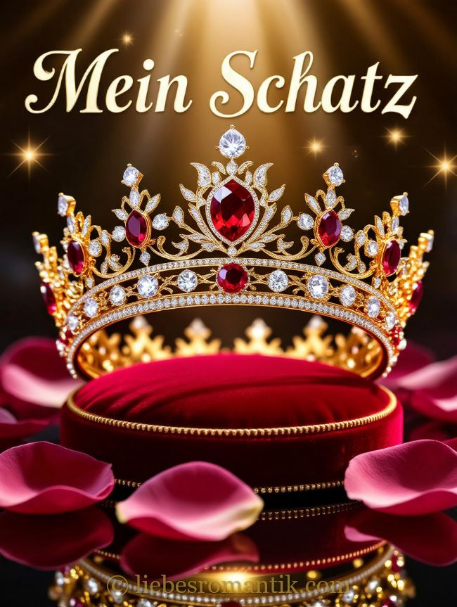 Goldene Krone mit roten Steinen auf rotem Samtkissen, umgeben von rosa Rosenblättern.