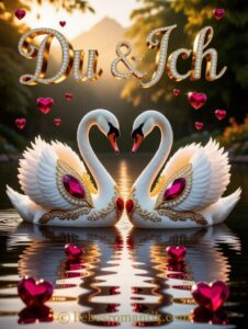 Zwei geschmückte Schwanen bilden ein Herz im Wasser, über ihnen schwebt „Du & Ich“ mit roten Herzen.