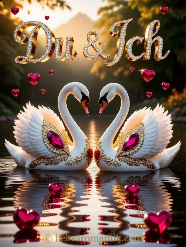 Zwei geschmückte Schwanen bilden ein Herz im Wasser, über ihnen schwebt „Du & Ich“ mit roten Herzen.