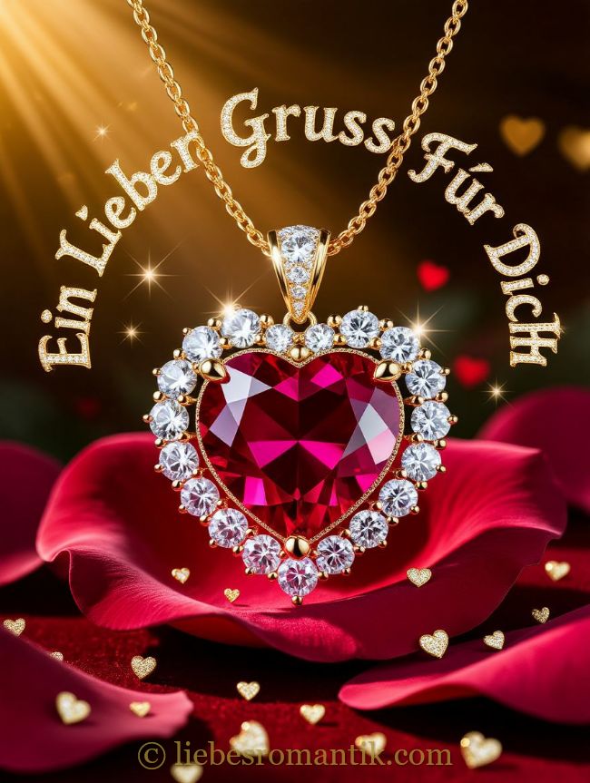 Herzanhänger mit rotem Stein und Diamanten auf roten Rosenblättern, mit Text „Ein Lieber Gruss Für Dich“.