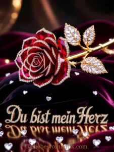 Edle rote Kristallrose mit Goldverzierung und Diamantblättern auf violettem Samt, umgeben von Herzformen.