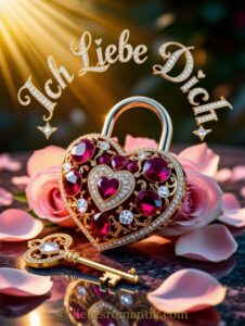 Goldener Schlüssel mit roten Steinen auf rosa Rosenblättern, Sonnenlicht, Inschrift „Ich Liebe Dich“