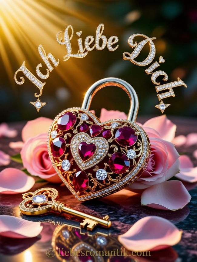 Goldener Schlüssel mit roten Steinen auf rosa Rosenblättern, Sonnenlicht, Inschrift „Ich Liebe Dich“