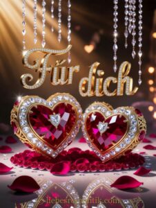 Zwei goldene Herzschmuckstücke mit Rubinen und Diamanten auf roten Rosenblättern, darüber goldene Aufschrift „Für dich“.