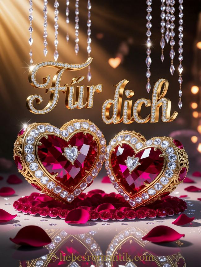 Zwei goldene Herzschmuckstücke mit Rubinen und Diamanten auf roten Rosenblättern, darüber goldene Aufschrift „Für dich“.