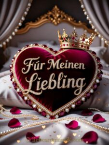 Burgunderrotes Herz mit goldener Krone und Edelsteinen liegt auf Bett – Inschrift „Für Meinen Liebling“.