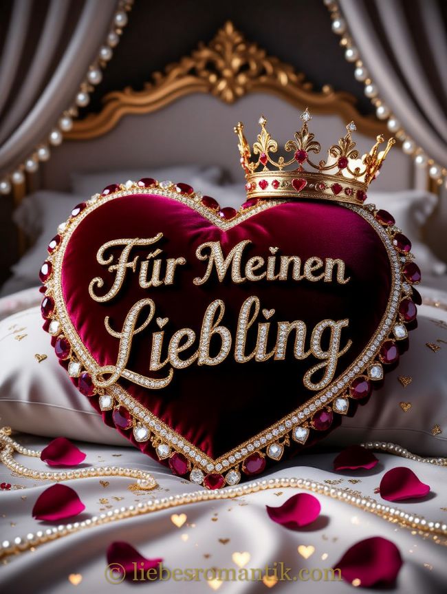 Burgunderrotes Herz mit goldener Krone und Edelsteinen liegt auf Bett – Inschrift „Für Meinen Liebling“.