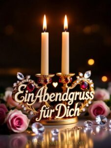 Goldener Kerzenhalter mit Edelsteinen, zwei brennende Kerzen und Aufschrift „Ein Abendgruss für Dich“, umgeben von Rosen und Kristallen.