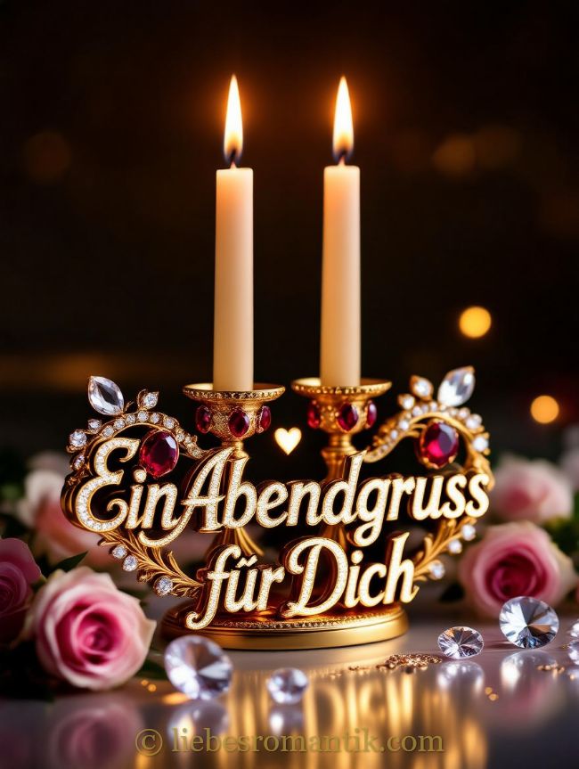 Goldener Kerzenhalter mit Edelsteinen, zwei brennende Kerzen und Aufschrift „Ein Abendgruss für Dich“, umgeben von Rosen und Kristallen.