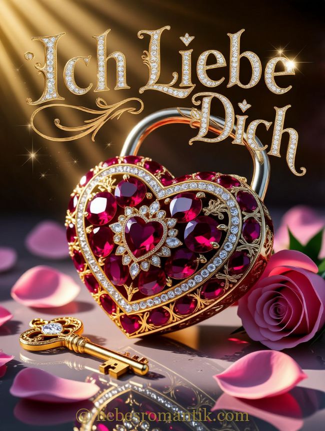 Goldenes Herzschloss mit Schlüssel, Rosenblättern und rosa Rose. Inschrift „Ich Liebe Dich“ oben.