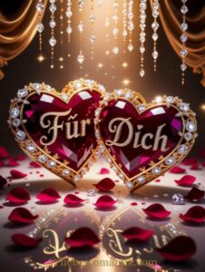 Zwei goldene Herzen mit roten Steinen, umgeben von Rosen und Kristallen unter Bühnenlicht.