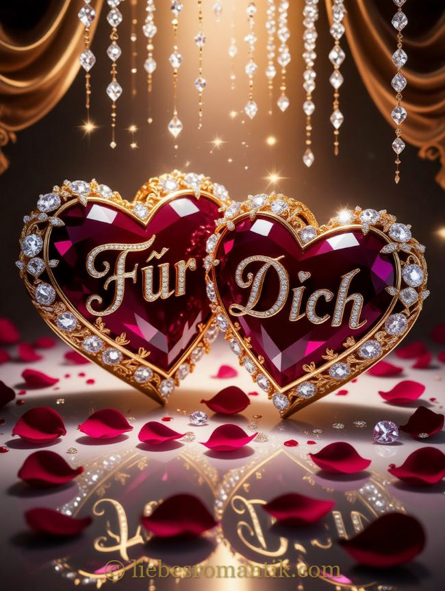 Zwei goldene Herzen mit roten Steinen, umgeben von Rosen und Kristallen unter Bühnenlicht.