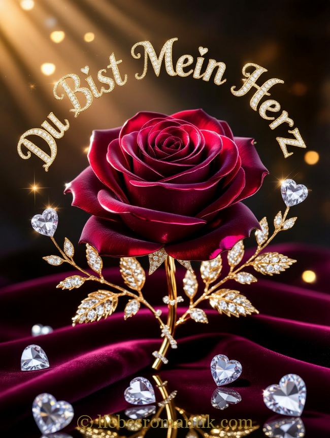 Dunkelrote Rose mit goldenem Stiel und herzförmigen Diamanten auf burgunderfarbenem Samt, Schriftzug „Du Bist Mein Herz“.