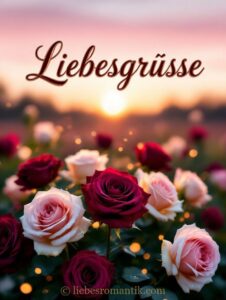 Blühende Rosen in warmen Farbtönen vor einem romantischen Sonnenuntergangshimmel.