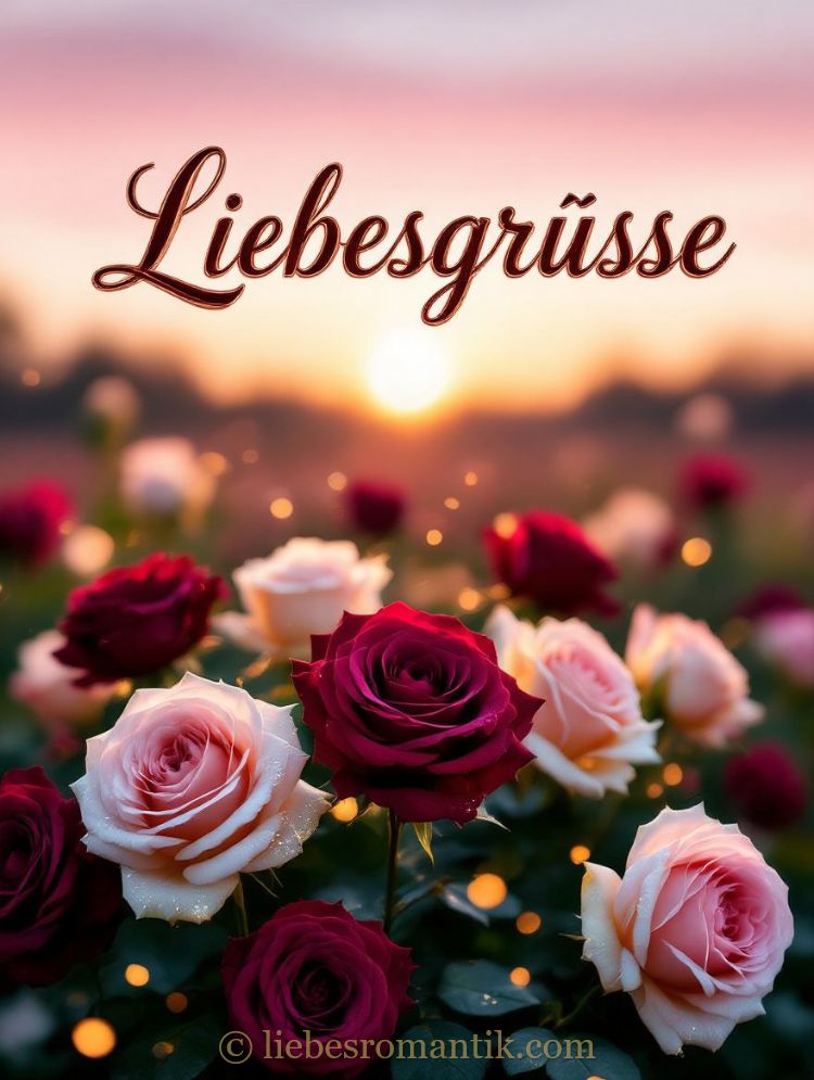 Blühende Rosen in warmen Farbtönen vor einem romantischen Sonnenuntergangshimmel.