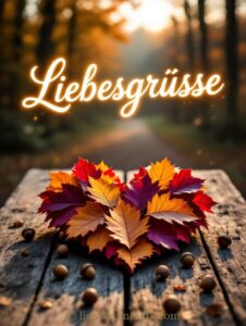 Herbstblätter formen ein Herz auf rustikaler Bank, umgeben von Eicheln, Waldweg führt zum Sonnenlicht.