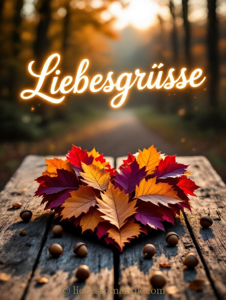 Herbstblätter formen ein Herz auf rustikaler Bank, umgeben von Eicheln, Waldweg führt zum Sonnenlicht.