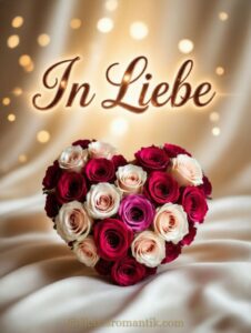Rosenherz in Rot, Rosa und Weiß auf seidigem Stoff mit „In Liebe“-Aufschrift