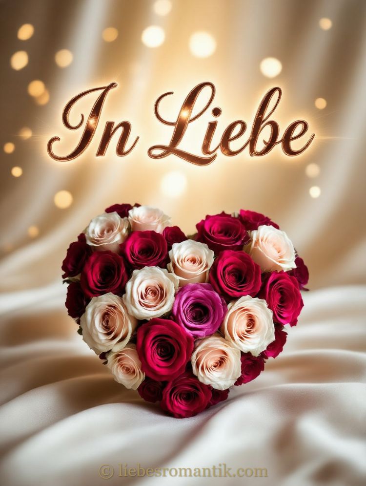 Rosenherz in Rot, Rosa und Weiß auf seidigem Stoff mit „In Liebe“-Aufschrift