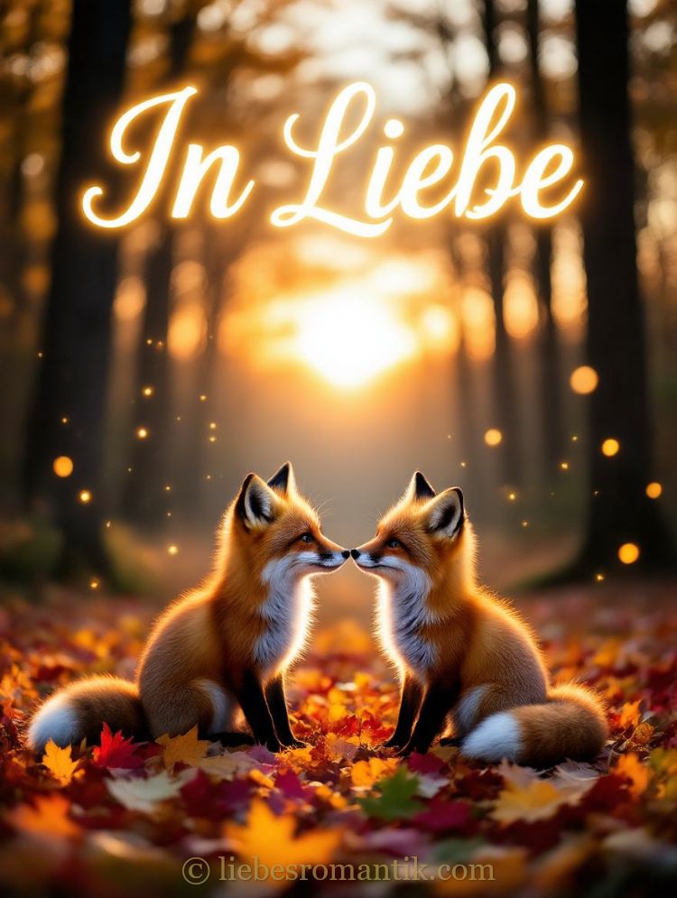 Zwei Füchse berühren sanft ihre Nasen im warm beleuchteten Herbstwald.