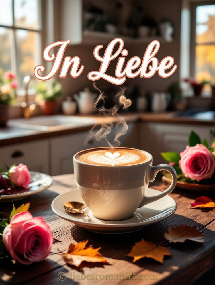 Tasse Kaffee mit Herz-Schaum, umgeben von Rosen und Herbstblättern, Dampf formt ein Herz.