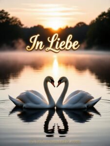 Zwei Schwanen formen ein Herz mit ihren Halsen, spiegelt sich im See, Sonne am Horizont.