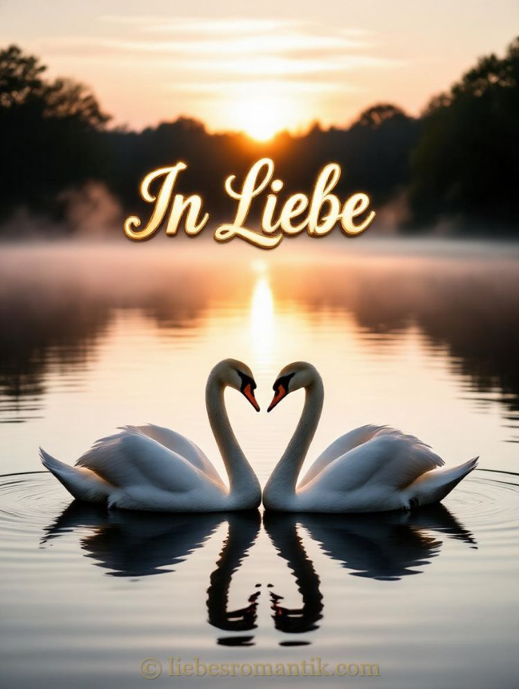 Zwei Schwanen formen ein Herz mit ihren Halsen, spiegelt sich im See, Sonne am Horizont.