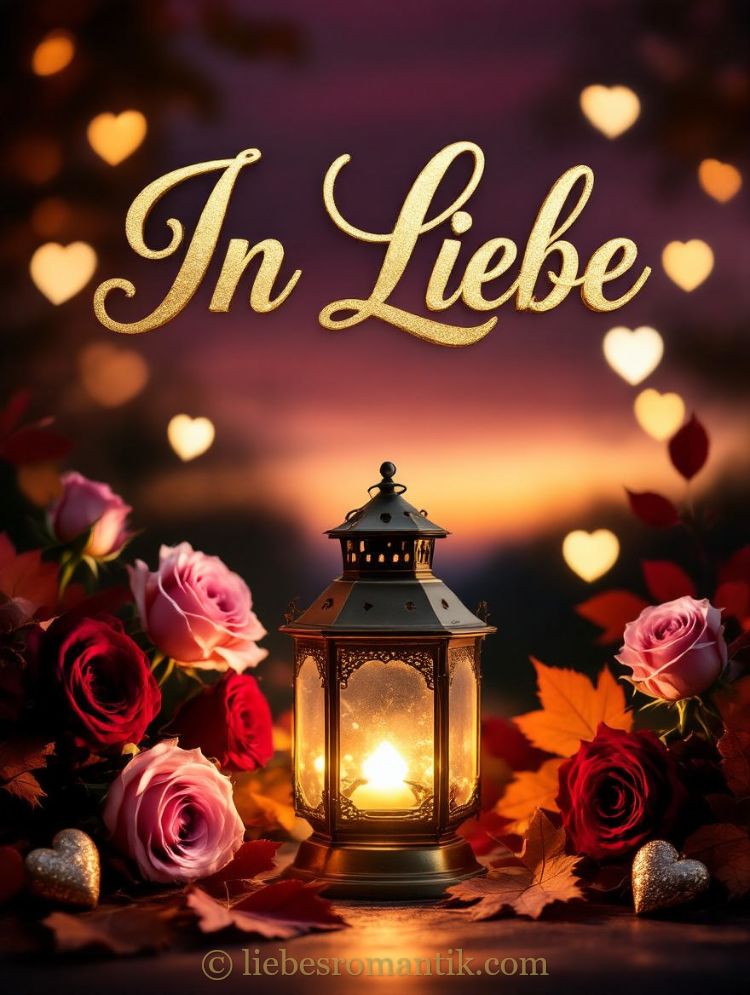 Laterne mit Rosen und Herzlichtern bei Sonnenuntergang