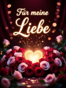 Rosenstrauß mit goldenem Herz und Schrift „Für meine Liebe“