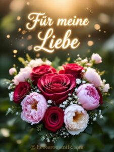 Blumenstrauß mit Rosen und Pfingstrosen, goldener Schriftzug „Für meine Liebe“