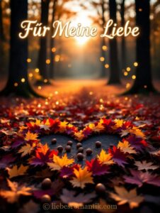 Herz aus bunten Herbstblättern und Walnüssen auf dunklem Waldboden, warmes Sonnenlicht durch Baumstämme.