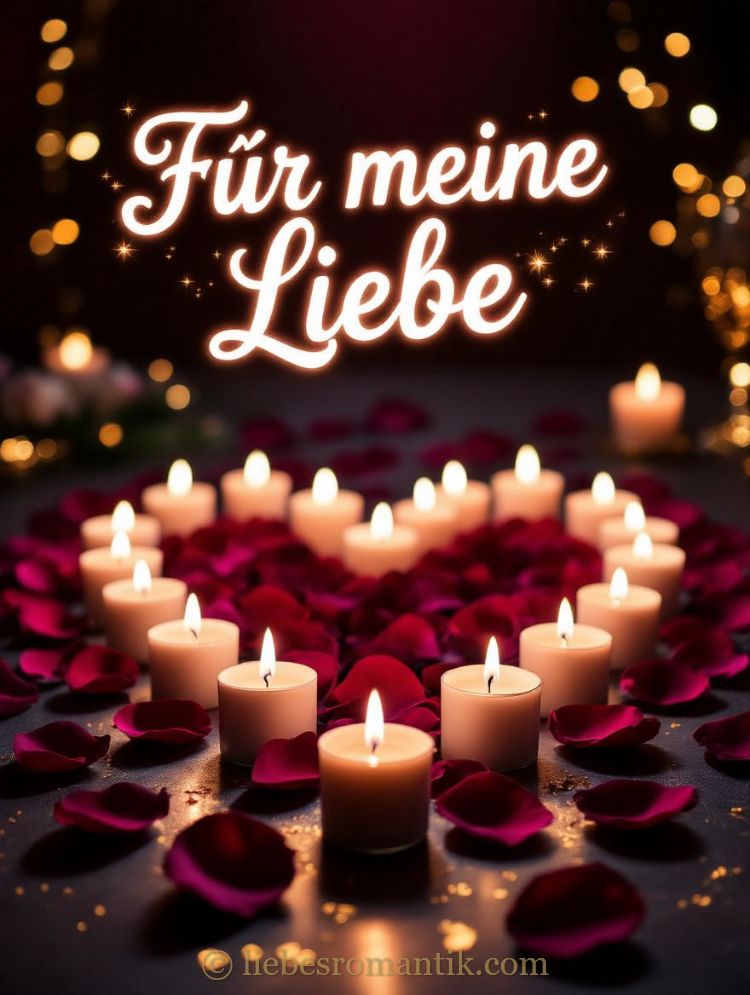Herzförmige Kerzen mit Rosenblättern, Aufschrift „Für meine Liebe“