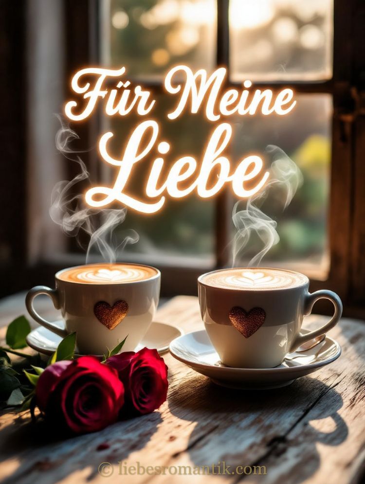 Zwei dampfende Herz-Tassen mit Rosen auf Holztisch, Aufschrift „Für Meine Liebe“.