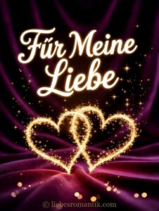 Zwei verflochtene goldene Herzen vor lila Hintergrund mit Schrift „Für Meine Liebe“