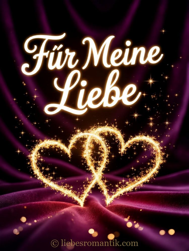 Zwei verflochtene goldene Herzen vor lila Hintergrund mit Schrift „Für Meine Liebe“