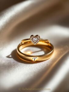 Goldener Ring mit Herzförmigem Diamanten und Gravur „T“ auf seidigem Untergrund.