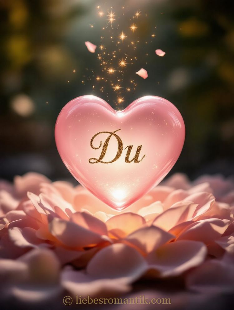 Rosa Herz mit goldener Aufschrift „Du“ schwebt über Blütenblättern, umgeben von funkelnden Sternen.