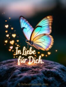 Schmetterling mit blau-lila Flügeln ruht auf Stein, umgeben von leuchtenden Herzen und Aufschrift „In Liebe für Dich.“