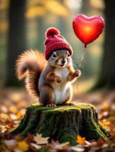Eichhörnchen in roter Mütze hält Herzballon auf moosigem Stumpf.
