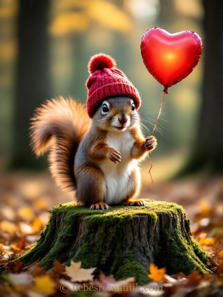Eichhörnchen in roter Mütze hält Herzballon auf moosigem Stumpf.