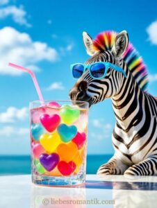 Zebra mit bunter Mähne und Sonnenbrille trinkt Cocktail mit Herzbonbons am Strand.