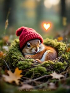 Eichhörnchen trägt rote Strickmütze in moosigem Nest, Herzlicht im Hintergrund
