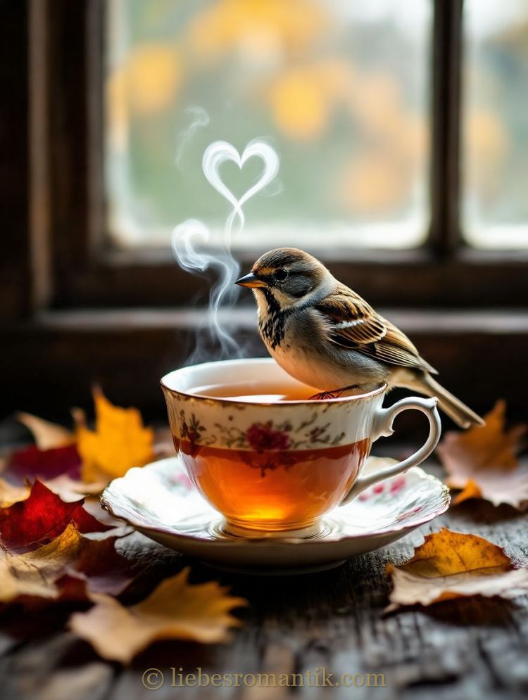 Kleiner Vogel auf Teetasse, Dampf als Herz, herbstliche Blätter am Fenster.